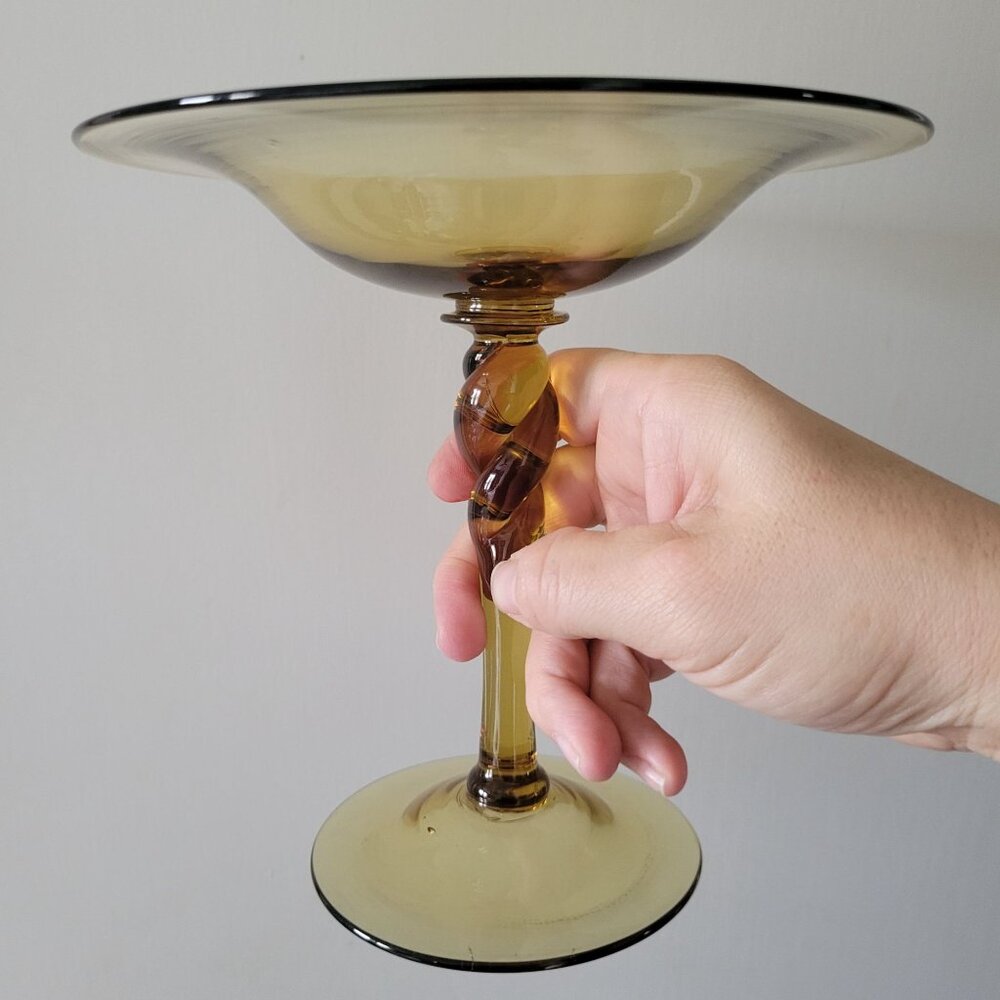 Vintage Stueben Glass Amber Braided Stem Compote #5194, Vtg Glass Pedestal Bowl
